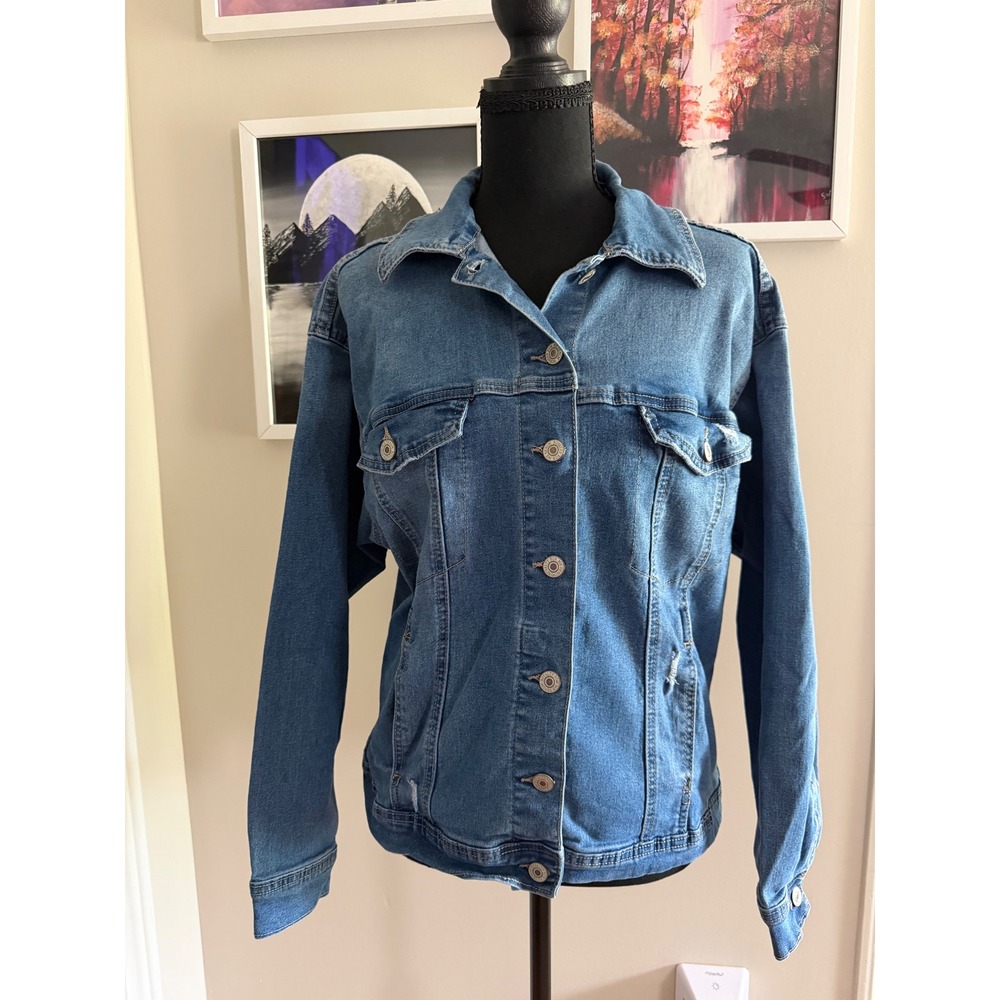 Royalty for Me Womens Medium Wash Denim Trucker Jacket Distressed Blue Size M